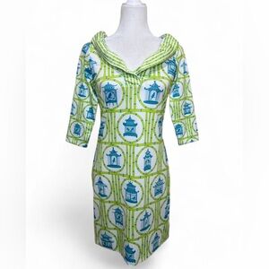 Gretchen Scott Green Blue Bird Cage Ruffleneck dress